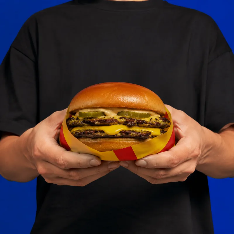Double smash burger tenu en main