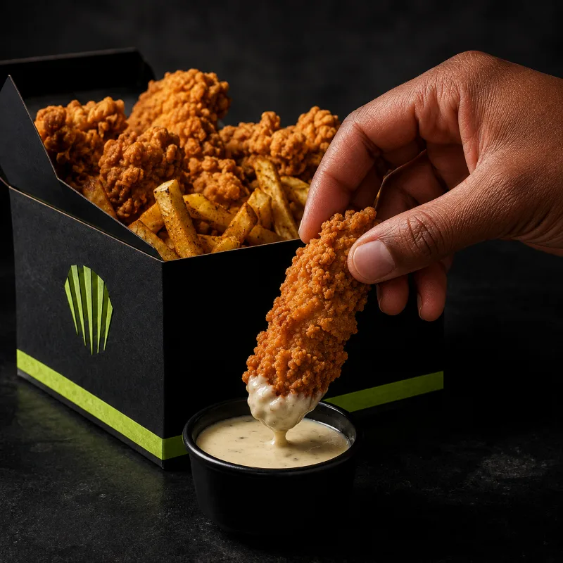 Poulet croustillant et frites dans son emballage à la marque