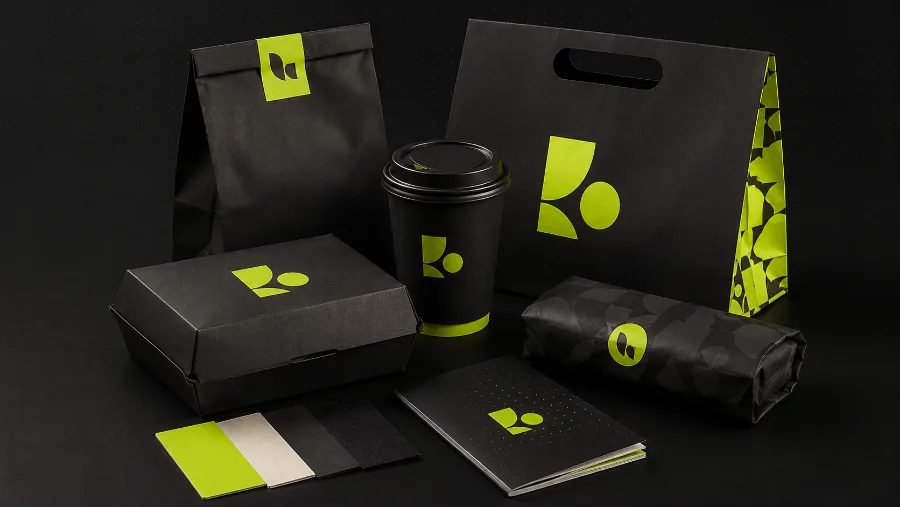 Emballages, sacs et gobelets aux couleurs de la marque créée